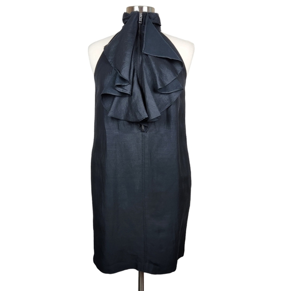 Club Monaco Ruffle Front Zipper Little Black Dress Mini Women's Size 6 - Picture 1 of 16